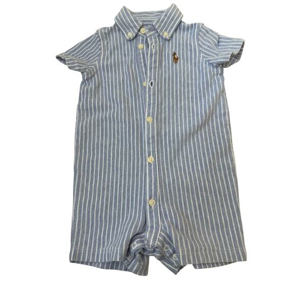Ralph Lauren Baby Boys Blue Short-Sleeve Colorblock Stripe Shortall Size 6M - Picture 1 of 3